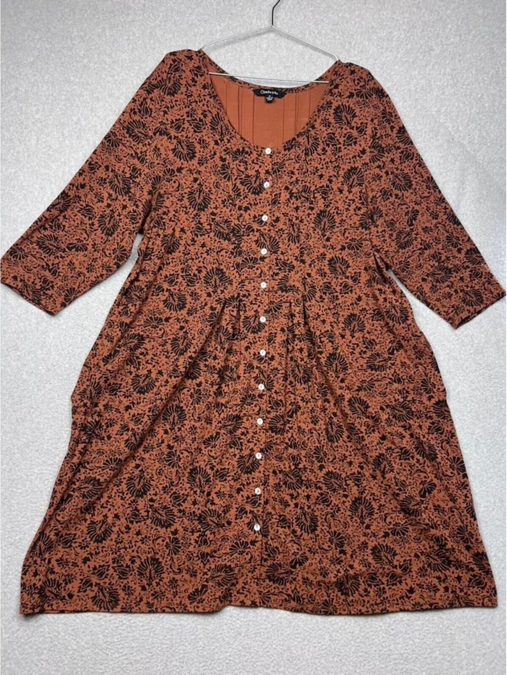 Chadwicks Whimsigoth Floral Button Front Shirt Midi Dress Boho A-Line 2X Brown